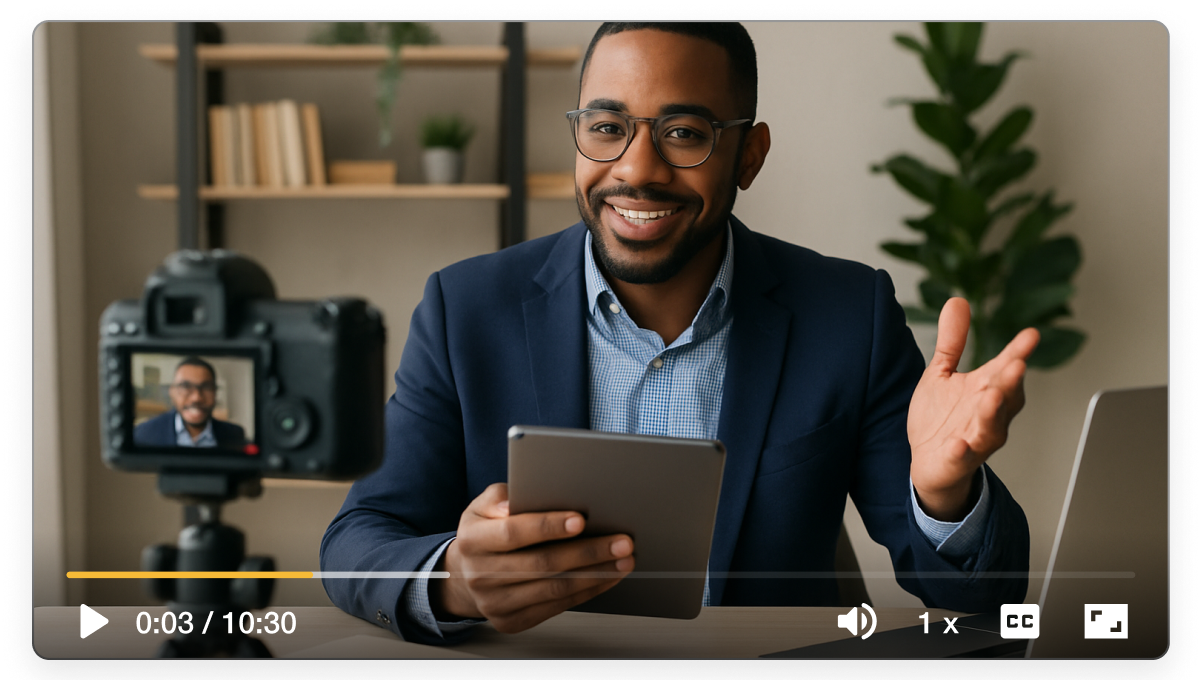 Personalized video outreach maker in Visla showing a salesperson delivering a tailored video pitch